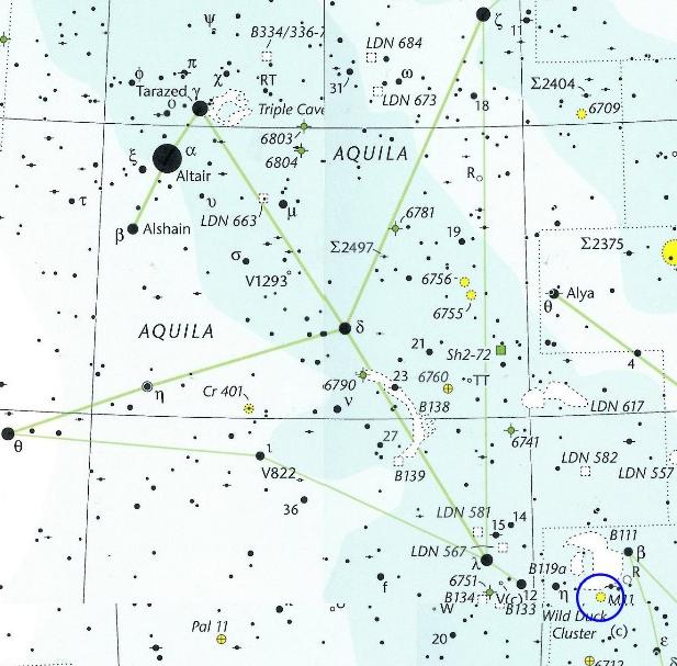 Star chart of Aquila and Scutum with M11 highlighted