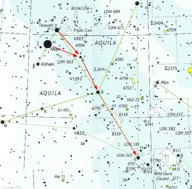 Star chart of Aquila and Scutum showing the path from Altair to M11